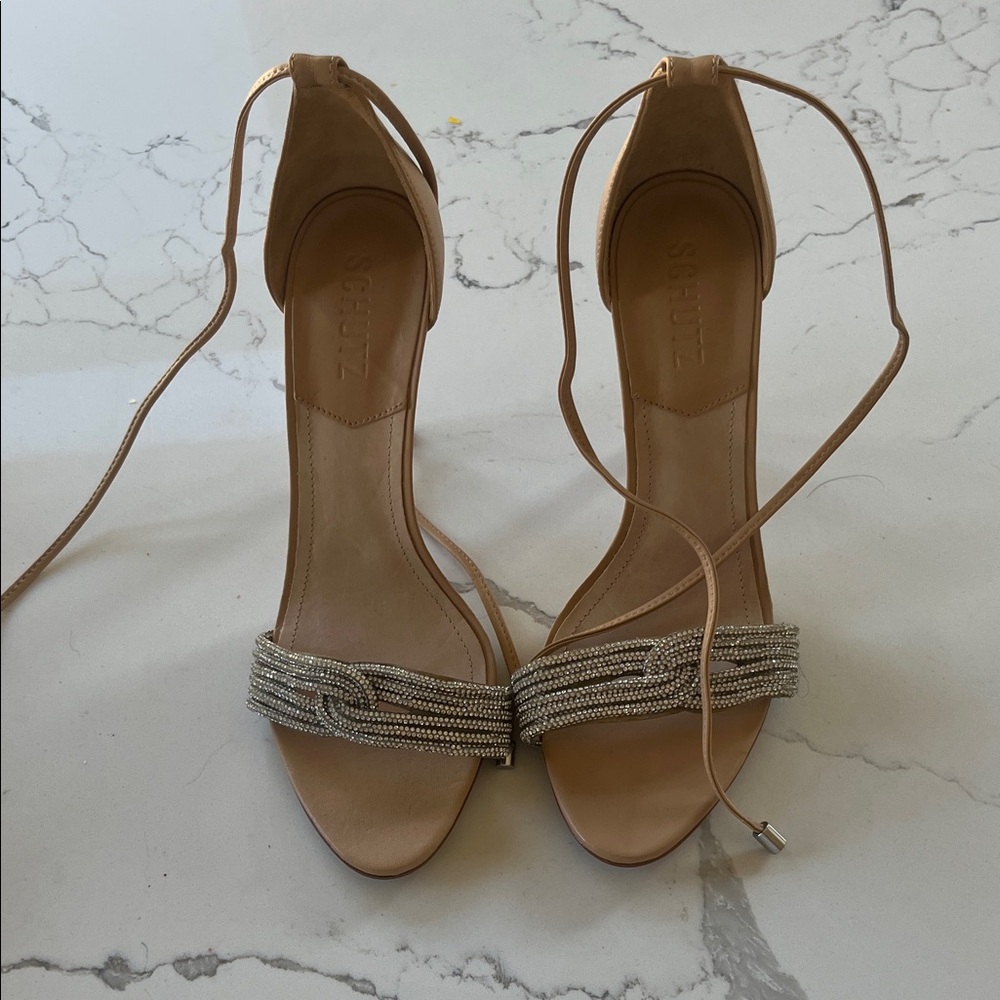 SCHUTZ Nude Beaded Ankle-Tie Heels